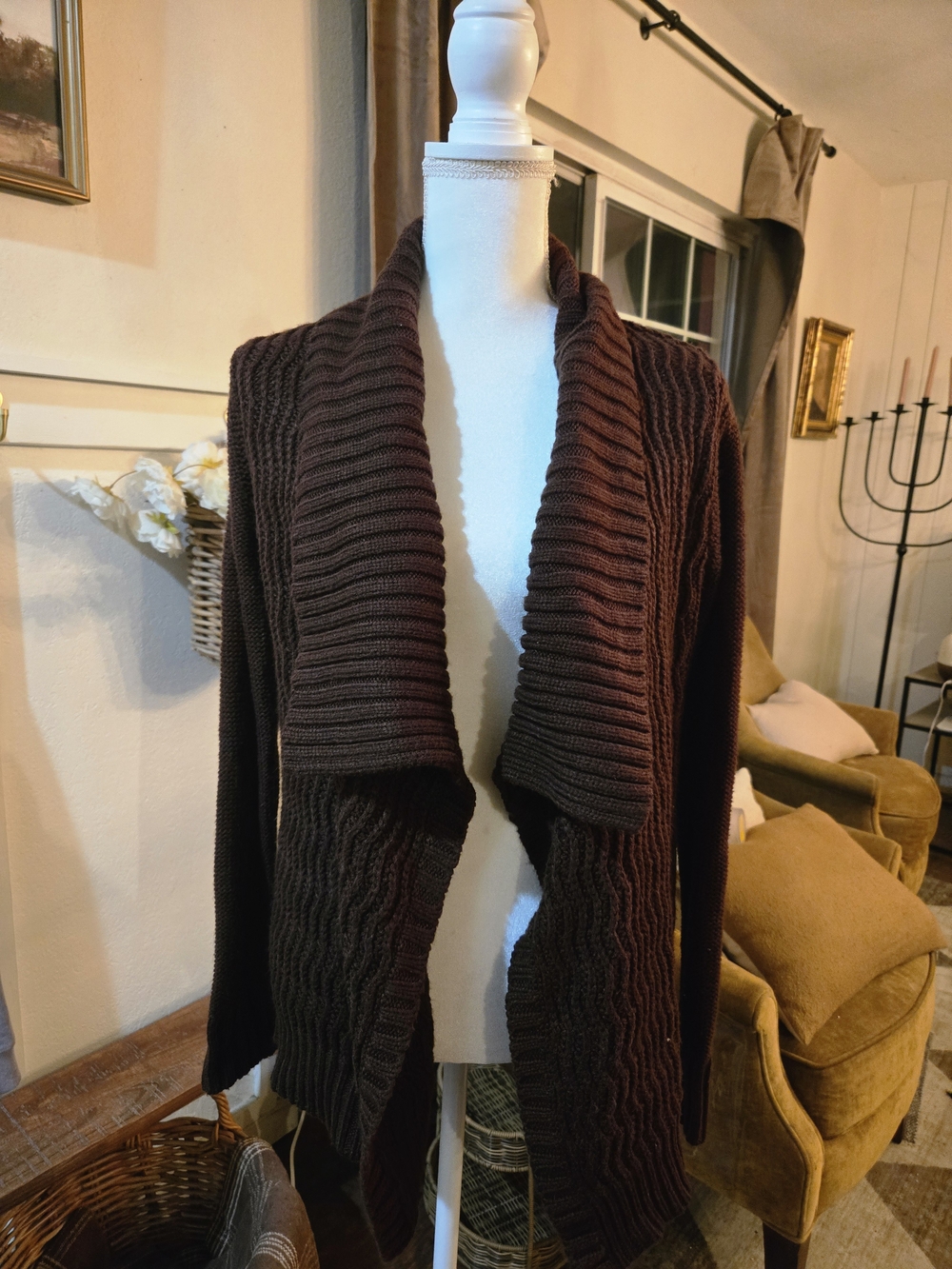 Merona Dark Brown Ribbed Open-Front Shawl Collar Cardigan
